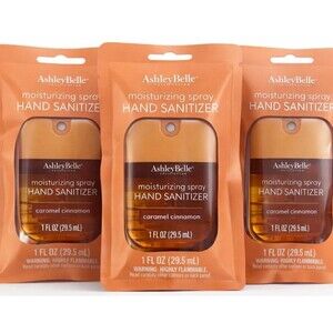 Lot of 3 Ashley Belle Moisturizing Spray Hand Sanitizer Caramel Cinnamon New
